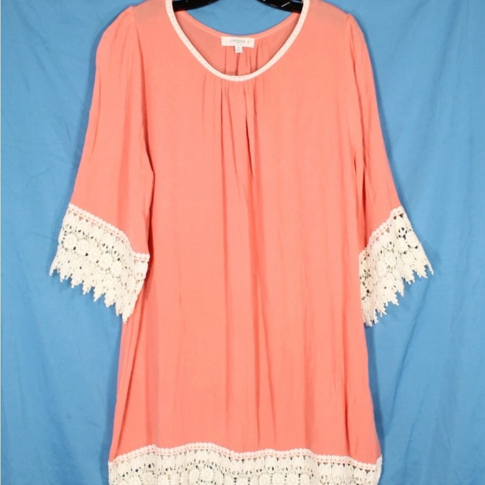 Umgee Coral Peach Crepe Tunic with Lace Trim 3/4 Sleeve Shift Dress 1XL